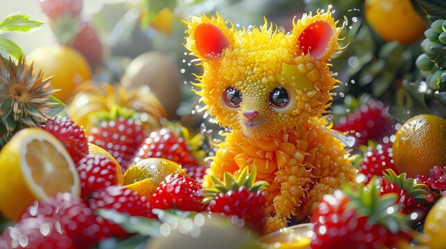 Photo realistic image of a tiny animal crafted from freshly cut fruits, vibrant colors, detailed textures, capturing the freshness and creativity