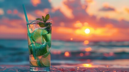 drinks with blur beach and sunset in background AI generated - obrazy, fototapety, plakaty