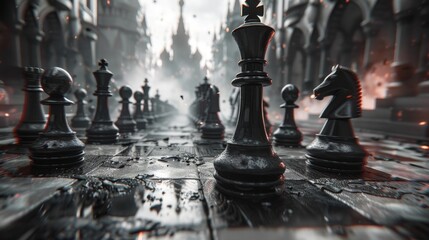 Retro style strategic battlefield, chess formations, distant, black and gray tones, poetic ambiance, non realistic, blur with sharp edges