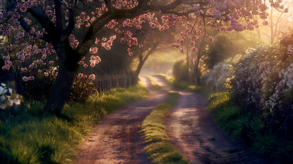 Cherry blossom lined country road in spring
