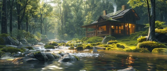 Secluded hideaway cottage in a lush forest, wide angle, tranquil retreat, natural, peaceful solitude - obrazy, fototapety, plakaty