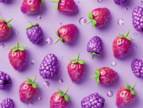 Seamless pattern of minimalist berry illustrations, rendered in flat vector using Adobe Illustrator, characterized by bold pop art style colors
