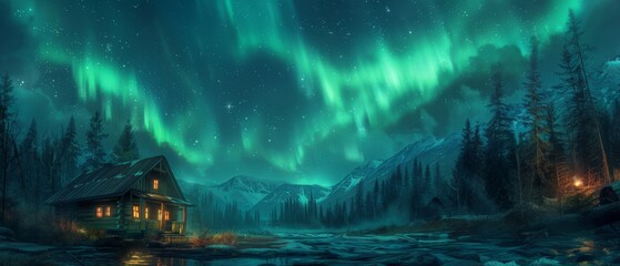 Spellbinding aurora over a secluded cabin, wide shot, ethereal night sky, magical tranquility