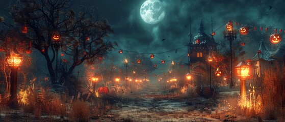 Spooky Halloween decorations in a moonlit yard, wide angle, eerie atmosphere, festive frights