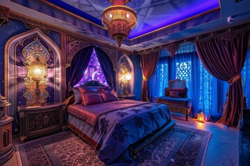 Sultan Luxurious Royal Bedroom at Night, Wealthy Middle East Bedroom Interior, Luxury Oriental Arab Hotel Room - obrazy, fototapety, plakaty