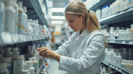 Focused pharmacist meticulously arranging medications, ensuring optimal patient care