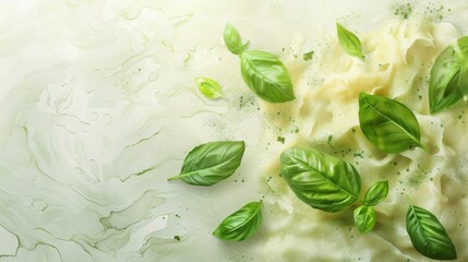 Obraz premium Thai green curry depicted in watercolor, creamy texture with basil leaves floating, painted in earthy tones against a white backdrop