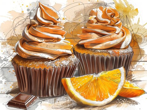 Sweet treats abstract sketch, orange slice, cupcakes, in orange, chocolate, and vanilla hues, casual style