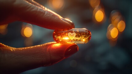 Womans finger clutching a medicine capsule with love etched on it, close up, in an ultra realistic macro photography style - obrazy, fototapety, plakaty