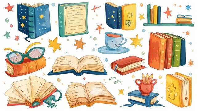 Whimsical World Book Day vector icons in doodle style lightly detailed book, glasses, e reader outline, simple shelf, open book with stars, reading child