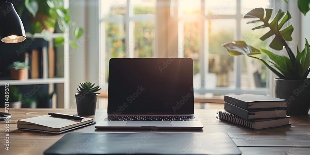 Poster minimalist desk setup with laptop and open notebook symbolizing digital analog productivity