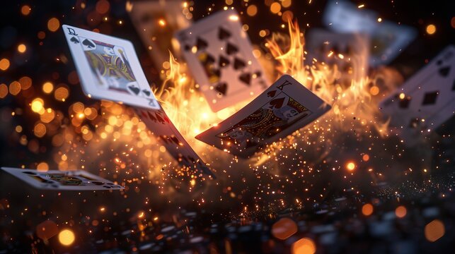 3D royal flush explosion with cards flying down from the sky, each slightly bent, set against a black background, in photorealistic style
