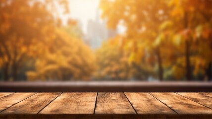 Naklejka na ściany i meble The empty wooden table top with blur background of autumn. Exuberant image. generative ai