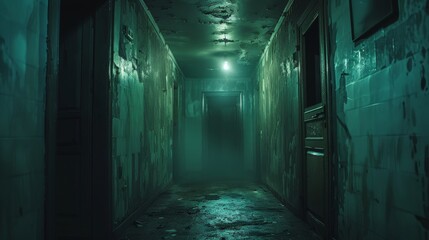 Abandoned house hallway, night vision, medium shot, with ghostly shadows, horror style - obrazy, fototapety, plakaty