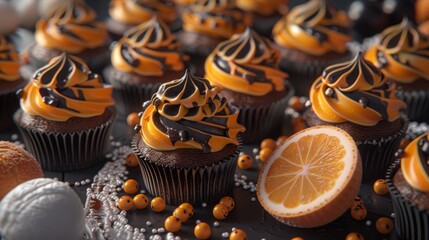 Abstract casual sketch, orange chocolate vanilla theme, featuring sweets, orange slice, cupcakes