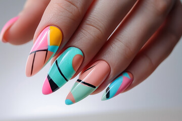 Modern Art-Inspired Nail Design. Close-up of a hand with nails painted in an array of pastel colors...