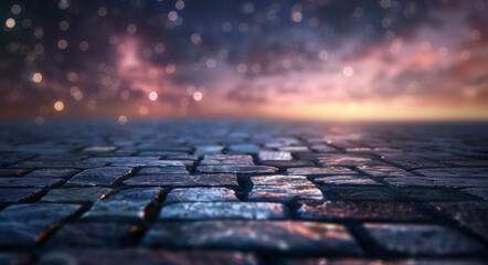 Cobbled Path Leading to a Mystical Sunset, Dreamlike Bokeh Sparkles