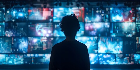 Silhouetted Figure Amid Streaming Digital Displays Capturing Information Overload of Modern Era