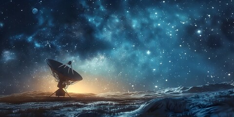 Satellite Dish Receiving Cosmic Signals Amidst the Starry Night Sky Blending Communication Technology with the of the Universe