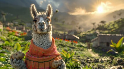 Fototapeta premium Adorable llama in cozy puffer, standing in Peruvian scenery, with potato roots in hand, 2D illustrated style