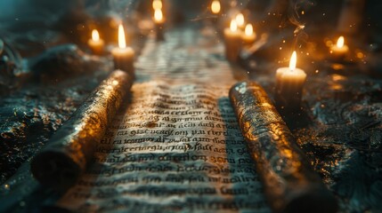 Ancient scrolls revealing enigmatic prophecy, close up, dim lighting, mystical ambiance, historical mystery - obrazy, fototapety, plakaty