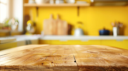 Wooden light empty countertop against the background of a modern bright yellow kitchen, kitchen panel in the interior, soft focus. Stage showcase template for promotional items, banner