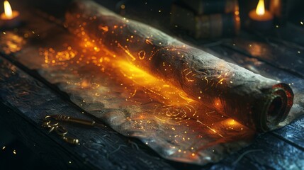 Ancient spell scroll unfurled on a wizards table, close up, glowing runes, magical, mystical setting - obrazy, fototapety, plakaty