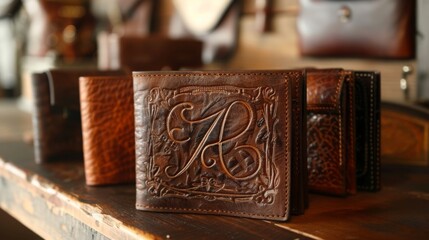 Leather Wallets Displayed on Wooden Counter - obrazy, fototapety, plakaty