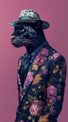 Dapper jaguar in floral attire