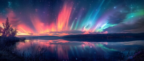Aurora borealis over a tranquil lake, wide shot, natural wonder, vibrant colors, magical night