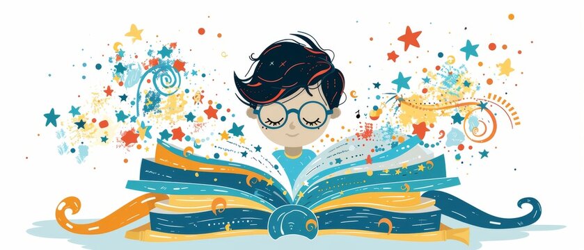 icons capturing reading and literature sketched book, whimsical glasses, e reader, bookshelf, open book with swirling stars, child reading, ideal for educational