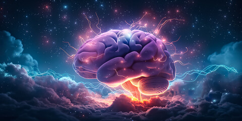 A brain floats in the galactic ether, encircled by light, illustrating the vastness of human intellect.