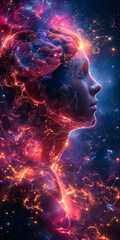 A surreal depiction of a person with the galaxy merging with her brain, denoting the boundless potential of human thought
