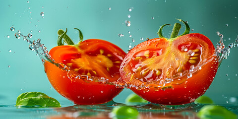 Close-up of juicy tomato halves amid a splash of water droplets on a clean, teal background, highlighting freshness and natural appeal