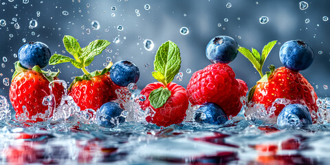 Close-up of ripe strawberries, blueberries, and blackberries mid-air with a splash of water, creating a fresh and dynamic scene of summer fruits