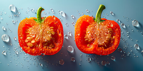Red bell peppers sliced in half, with water spraying around them, against a dark moody background, emphasizing freshness and vitality