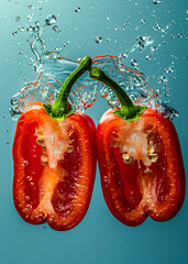 Red bell peppers sliced in half, with water spraying around them, against a dark moody background, emphasizing freshness and vitality