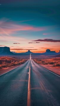 Desert highway at sunset with buttes