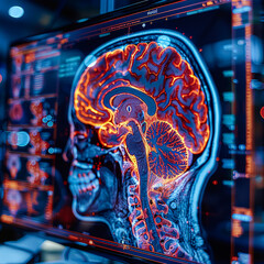 A brain scan is displayed on a computer monitor. The image is in color and he is a close up of the...