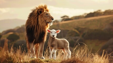 Serene lion and lamb friendship in golden field