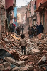 Fototapeta na wymiar a child stands atop rubble-strewn streets amidst collapsed buildings, while people desperately navigate through debris in search of safety 