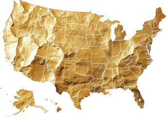 Crinkled Gold Leaf Map of the United States on a Transparent Background