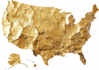 Crinkled Gold Leaf Map of the United States on a Transparent Background