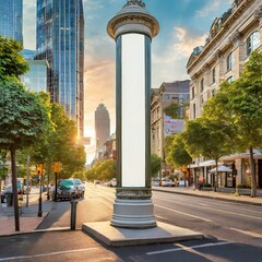 an advertising column mockup prominently displayed along a bustling street, offering prime real estate for outdoor advertising campaigns and brand promotions. The column stands tall amidst the urban l