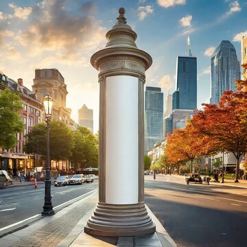 square in the city.an advertising column mockup prominently displayed along a bustling street, offering prime real estate for outdoor advertising campaigns and brand promotions. The column stands tall