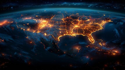 Illuminated night map of the usa - obrazy, fototapety, plakaty