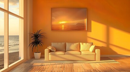 Interior on Beige tone Walls, with a sofa, at twilight, sunset from the left window 