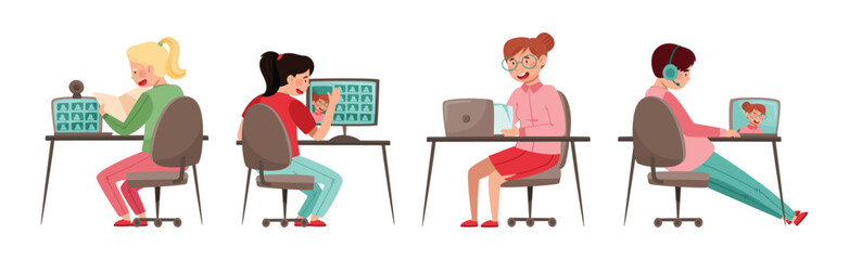 Home Schooling with Children at Desk with Computer Vector Set
