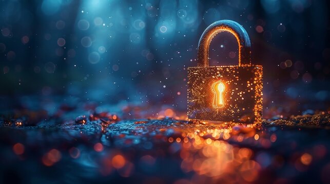 Glowing padlock on rainy surface under blue lights