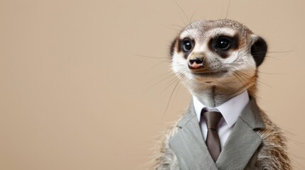 A curious meerkat, dressed in business casual attire, peeks out with an inquisitive gaze, offering a whimsical take on corporate life and bringing charm to the concept of animal in the boardroom.